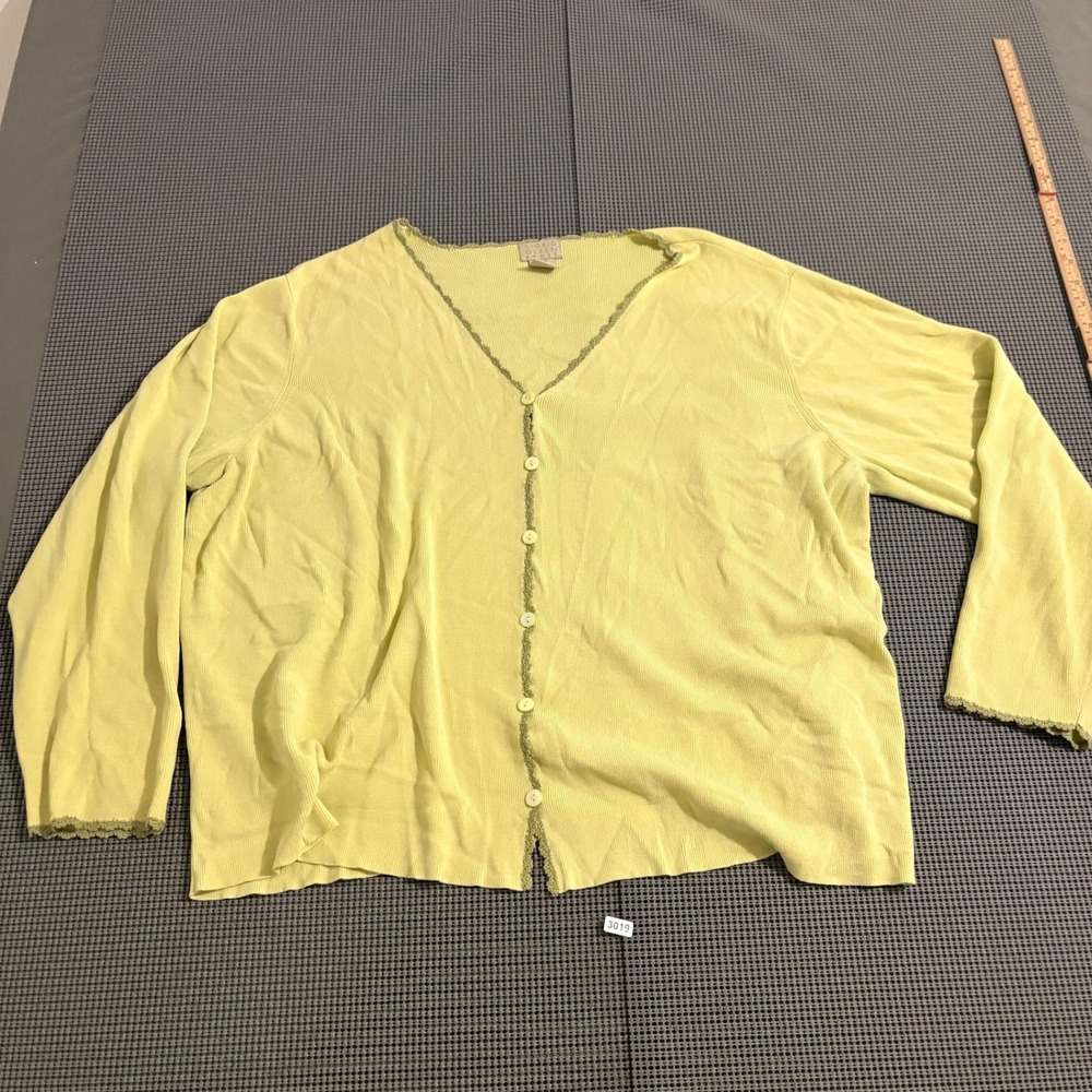 Sigrid Olsen Sport Womens 2X Yellow Ribbed Lace Trim Button Front Cardigan